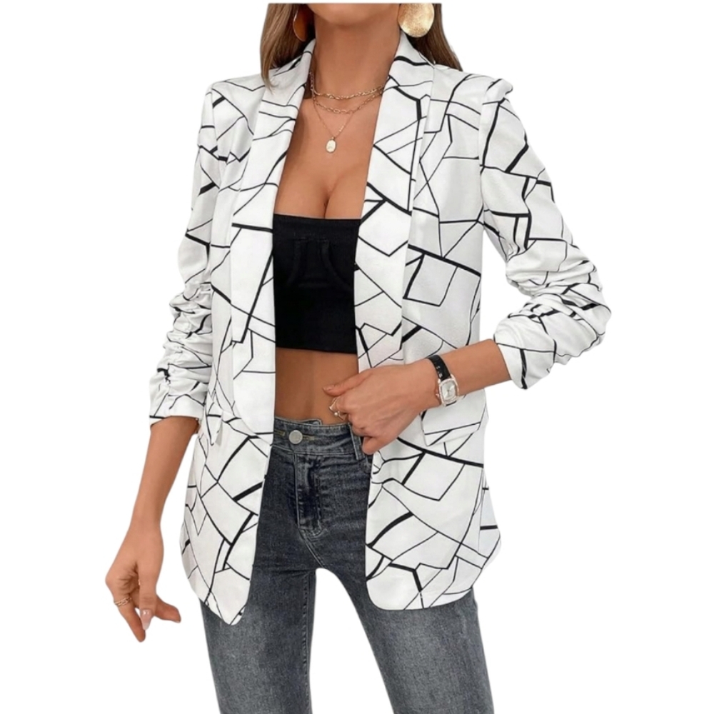 NWT Floerns Women's Casual Blazer Geometric Print‎ Shawl Collar Ruched Sl…